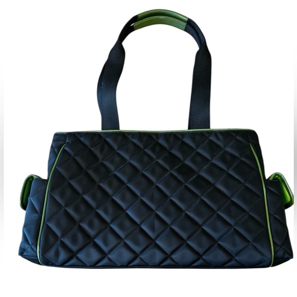 My Flat In London MFIL Rhinestone Green Frog Black Quilted Nylon Diaper Bag - Picture 2 of 16